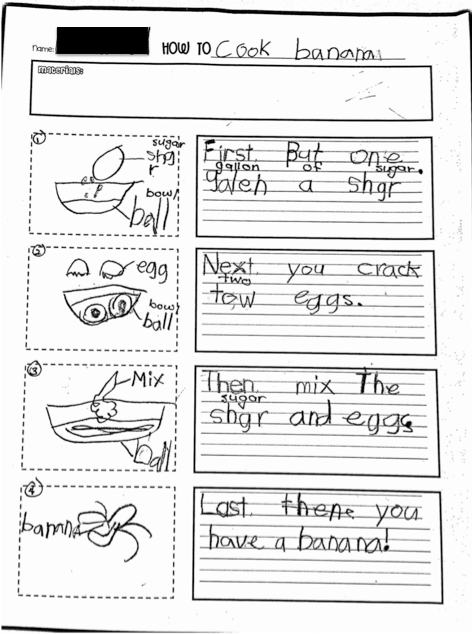 Student writing sample "How to Cook Bananas"